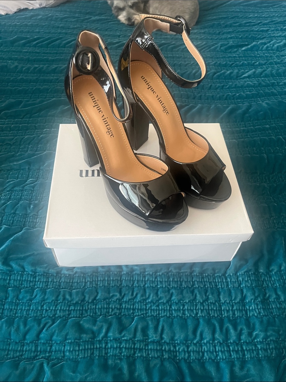 Unique Vintage Black Patent Platform Peep-Toe Ankle Strap Heels